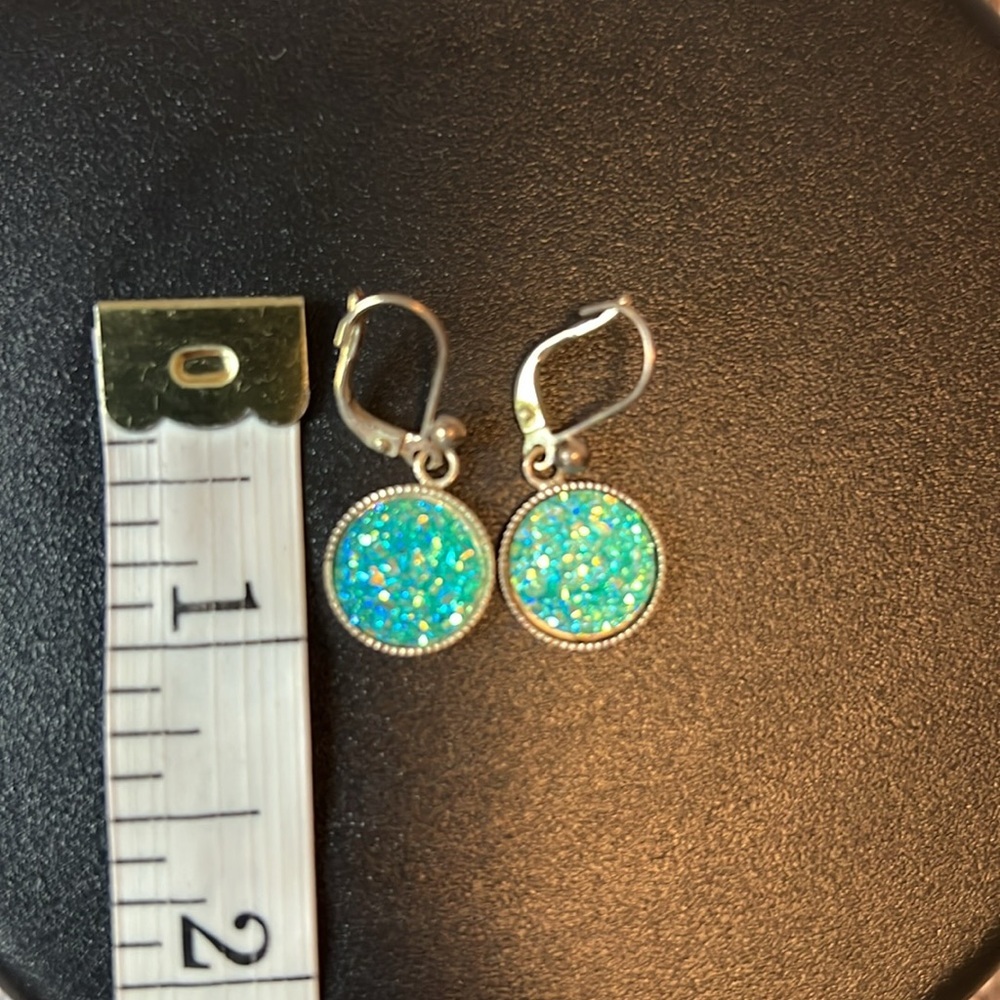 Cabochon Round Costume Bluish-Greenish Dangle Pierced Earrings - Picture 6 of 8